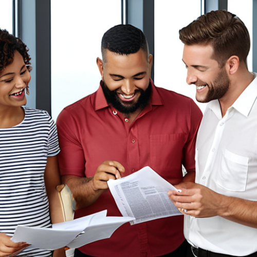 Home 4 **Clear Vacation Policy:** A diverse group of employees happily reading a clearly written vacation policy document in a modern office setting. Emphasis on clarity, transparency, and employee satisfaction.