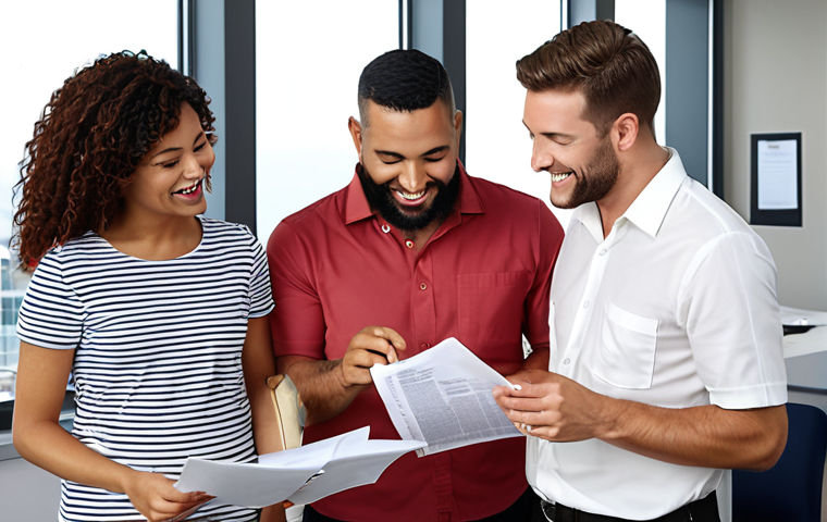 **Clear Vacation Policy:** A diverse group of employees happily reading a clearly written vacation policy document in a modern office setting. Emphasis on clarity, transparency, and employee satisfaction.