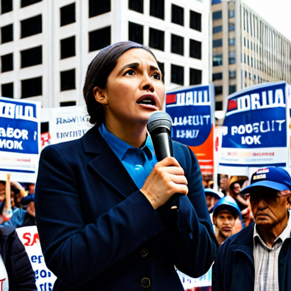 **

A fully clothed labor rights advocate, a woman, speaking passionately at a rally in a bustling city square. She's wearing modest, professional attire. Banners and signs supporting workers' rights are visible in the background. The scene is brightly lit, conveying hope and determination. Perfect anatomy, correct proportions, well-formed hands, natural pose, appropriate content, safe for work, professional.

**