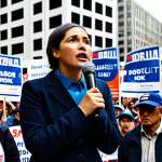 **

A fully clothed labor rights advocate, a woman, speaking passionately at a rally in a bustling city square. She's wearing modest, professional attire. Banners and signs supporting workers' rights are visible in the background. The scene is brightly lit, conveying hope and determination. Perfect anatomy, correct proportions, well-formed hands, natural pose, appropriate content, safe for work, professional.

**