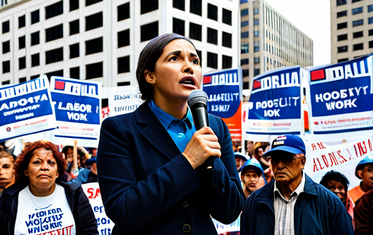 **

A fully clothed labor rights advocate, a woman, speaking passionately at a rally in a bustling city square. She's wearing modest, professional attire. Banners and signs supporting workers' rights are visible in the background. The scene is brightly lit, conveying hope and determination. Perfect anatomy, correct proportions, well-formed hands, natural pose, appropriate content, safe for work, professional.

**