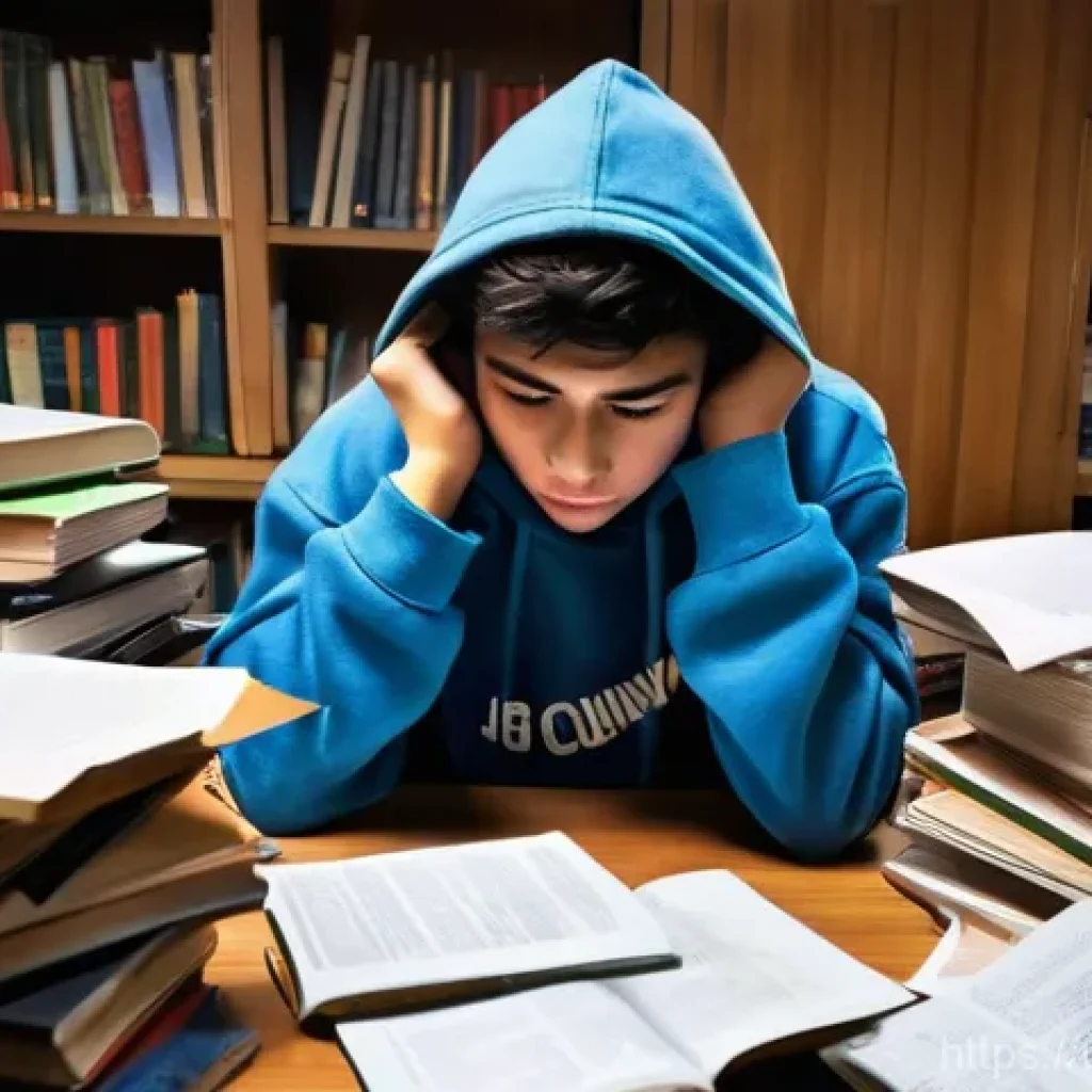 공인노무사 학습에서 자주 하는 실수 - **Prompt:** A young adult student, appearing to be around 17 years old, sits slumped at a cluttered ...