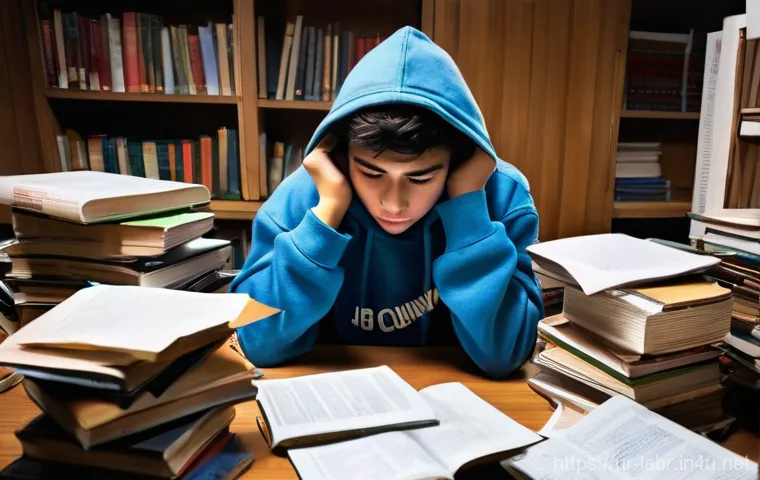 공인노무사 학습에서 자주 하는 실수 - **Prompt:** A young adult student, appearing to be around 17 years old, sits slumped at a cluttered ...