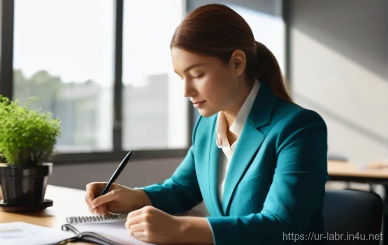 노무사 자격증의 활용 방안 - **Prompt:** A modern, brightly lit office interior. A female labor law consultant, professionally dr...