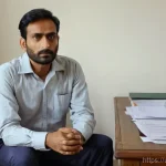 노무사 실무 케이스 분석 - A South Asian man in his late 30s, dressed in a neat but slightly worn dress shirt and trousers, sit...