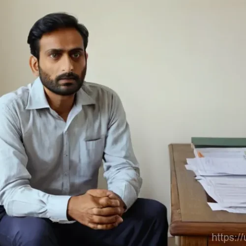 Home 31 노무사 실무 케이스 분석 - A South Asian man in his late 30s, dressed in a neat but slightly worn dress shirt and trousers, sit...