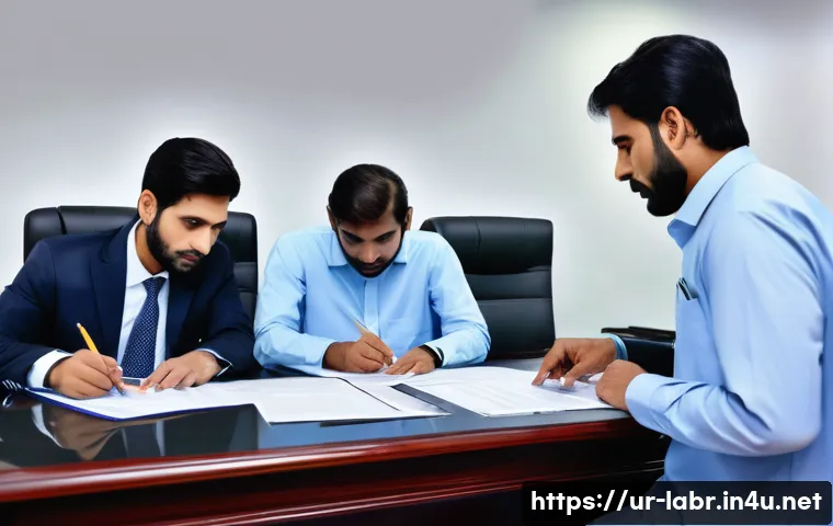 노무사 실무에서 발생한 에피소드 - A professional Pakistani legal office scene showing a diverse team of men and women in formal attire...