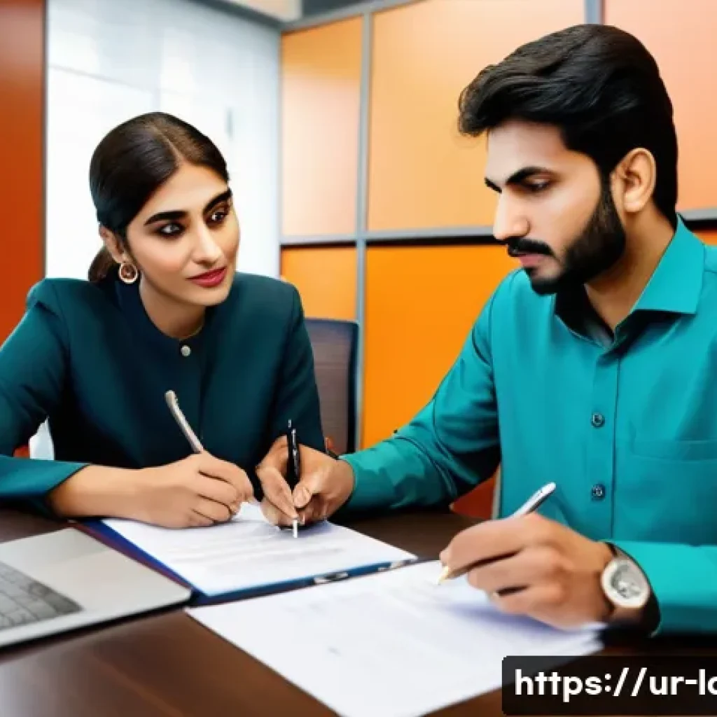 노무사와 근로계약 검토 사례 - A professional office scene depicting a Pakistani man and woman in formal attire reviewing an employ...