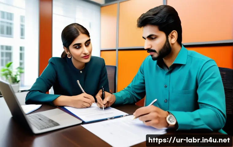 노무사와 근로계약 검토 사례 - A professional office scene depicting a Pakistani man and woman in formal attire reviewing an employ...