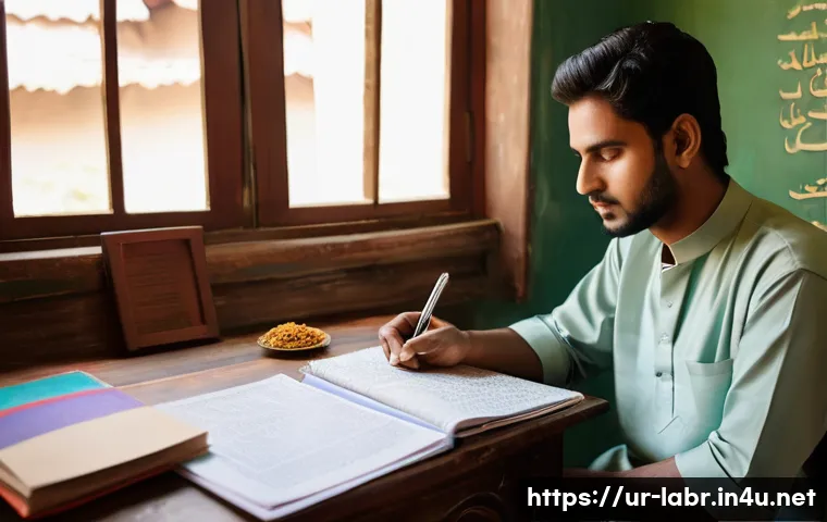 공인노무사 시험 합격을 위한 필수 팁 - A focused young South Asian man studying in a traditional Pakistani home setting, sitting at a woode...