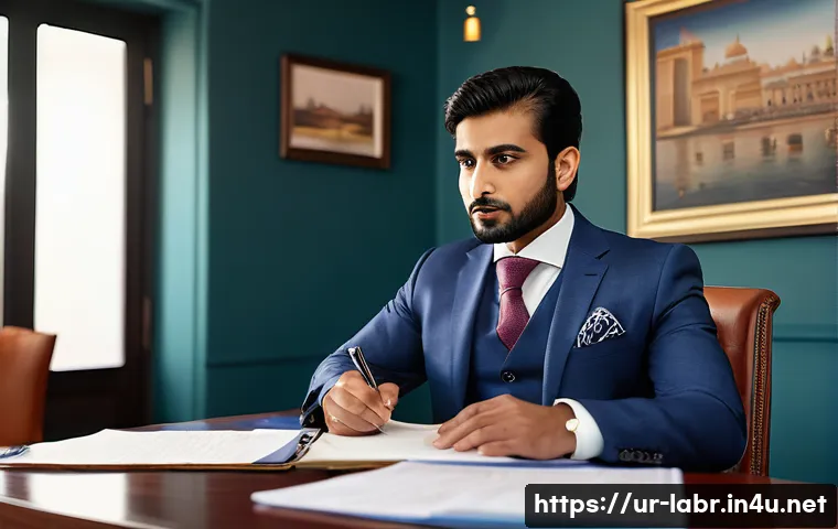 노무사로서의 업무 윤리 사례 - A professional Urdu-speaking legal consultant in a modern office setting, dressed in traditional Pak...