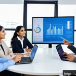 노무사와 중소기업 HR 컨설팅 - A diverse team of professional office workers in a modern corporate setting, engaged in a dynamic tr...