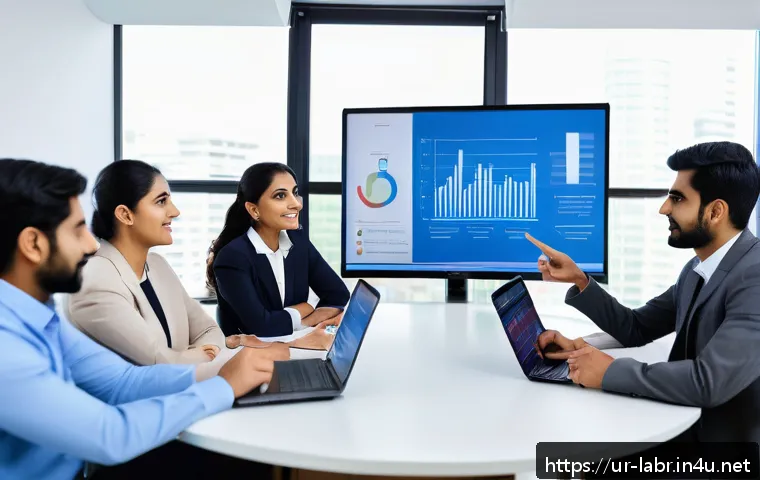 노무사와 중소기업 HR 컨설팅 - A diverse team of professional office workers in a modern corporate setting, engaged in a dynamic tr...