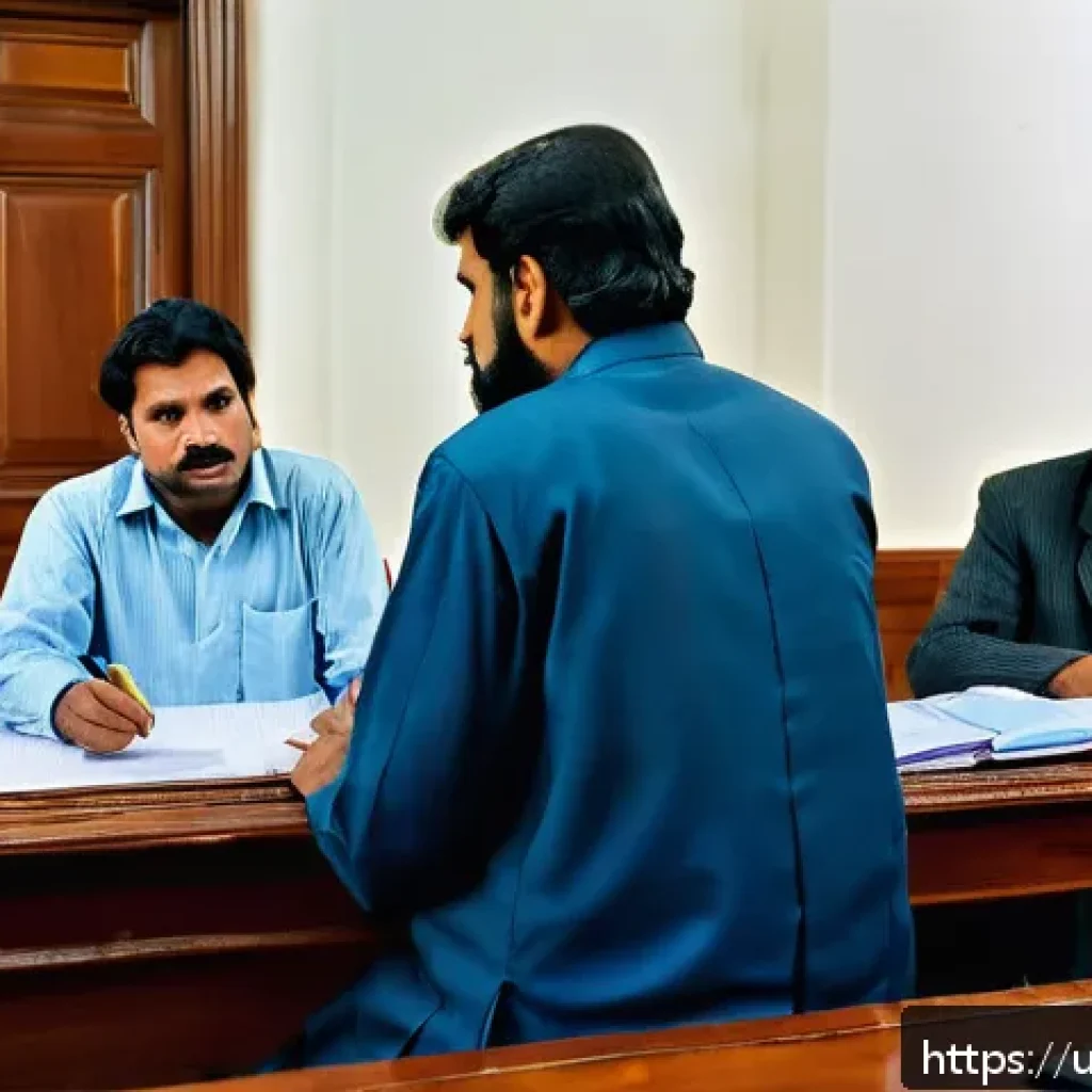 노동법 판례 공부법 - A detailed courtroom scene in Pakistan depicting a labor law case about wrongful termination: an Urd...