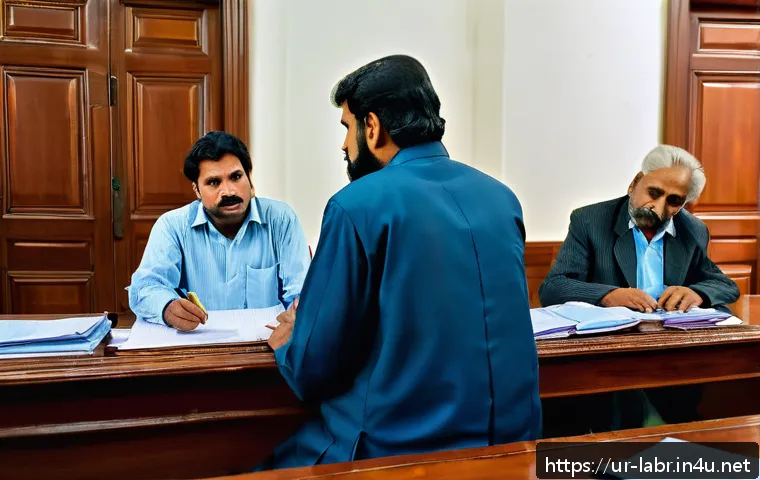 노동법 판례 공부법 - A detailed courtroom scene in Pakistan depicting a labor law case about wrongful termination: an Urd...