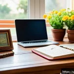 노무사 시험을 위한 효과적인 노트 작성법 - A focused study desk scene in a cozy, well-lit room decorated with traditional Pakistani elements li...