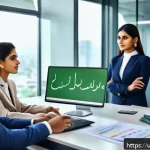 노동법과 노무사의 주요 사례 - A modern Pakistani office scene showing diverse employees in formal attire discussing new employment...