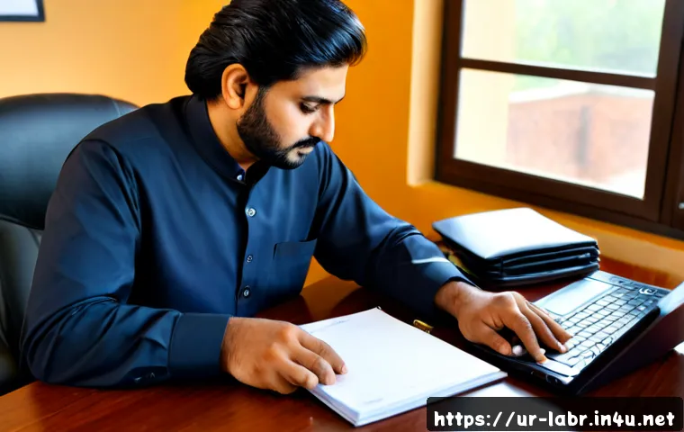 Home 17 공인노무사 직무 일지 - Photorealistic Pakistani labor relations consultant reviewing an employee workplace case journal at ...