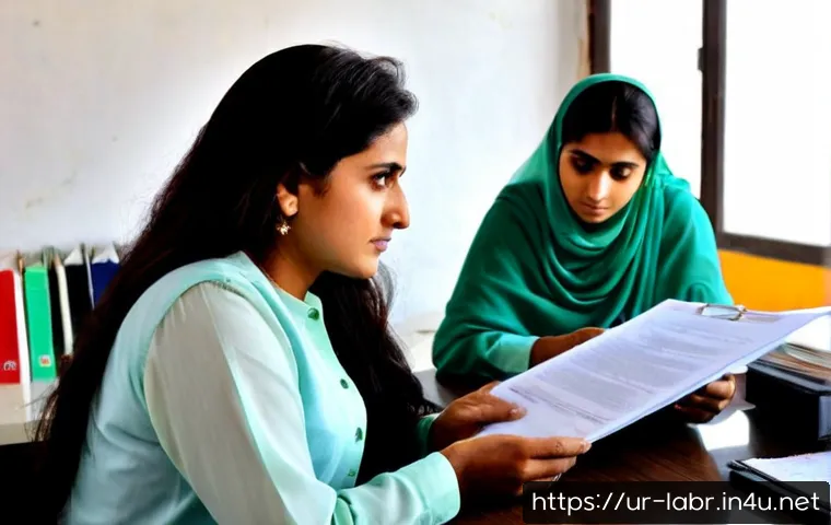 Home 17 노동법 사례와 실제 판결 - Photorealistic Pakistani labor law consultation scene, a middle-aged factory worker in modest shalwa...